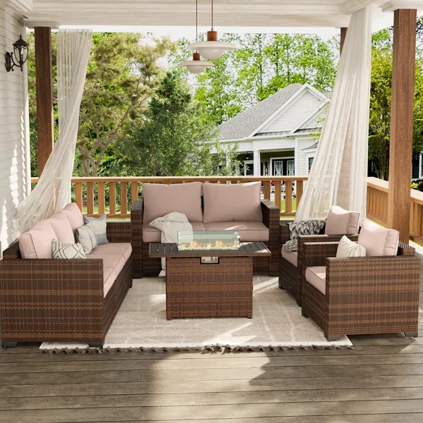 5-Pieces Wide Armrest Outdoor Sectional Rattan Conversation Set with Fire Fit Table.