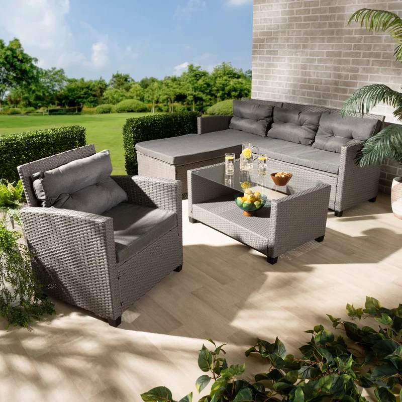 Modern And Contemporary Grey Fabric Upholstered And Grey Synthetic Rattan 4-Piece Patio Set