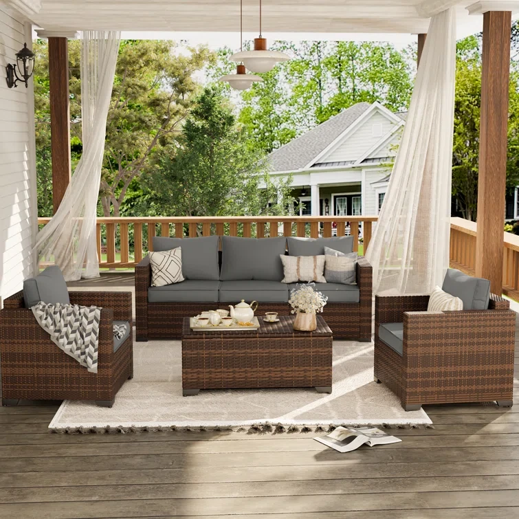 4-Pieces Wide Armrest Outdoor Sectional Rattan Conversation Set with Storage Table.