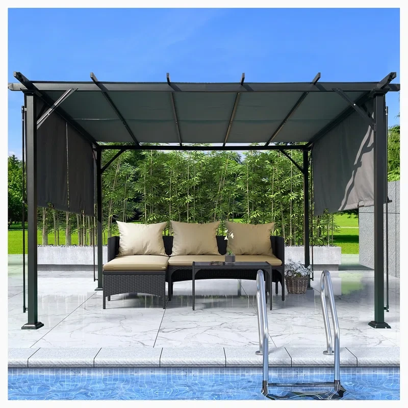 9.5x12ft Outdoor Pergola Patio Gazebo, Retractable Shade Canopy, Steel Frame