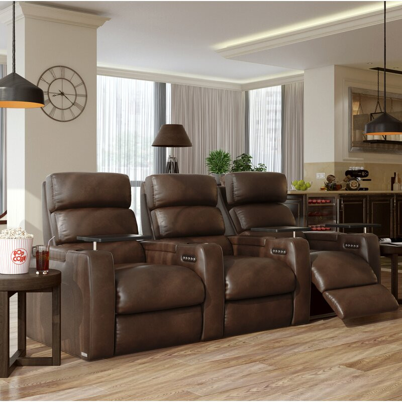 Leather Power Reclining Home Theater Seating with Cup Holder Upholstery:  Brown Genuine Leather