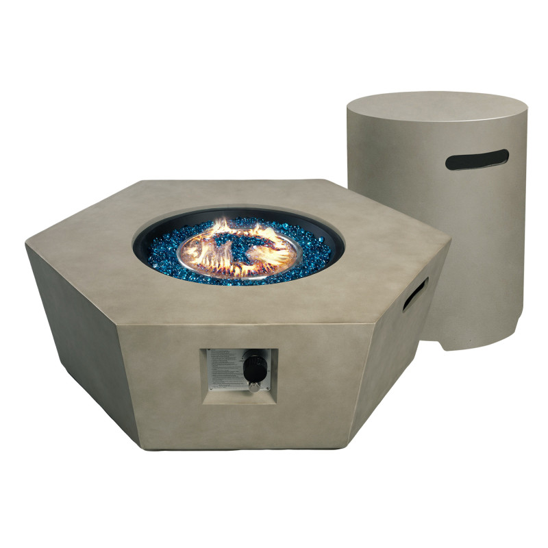 41 in. 50,000 BTU Hexagon Concrete Outdoor Propane Fire Pit Table W Propane Tank Cover