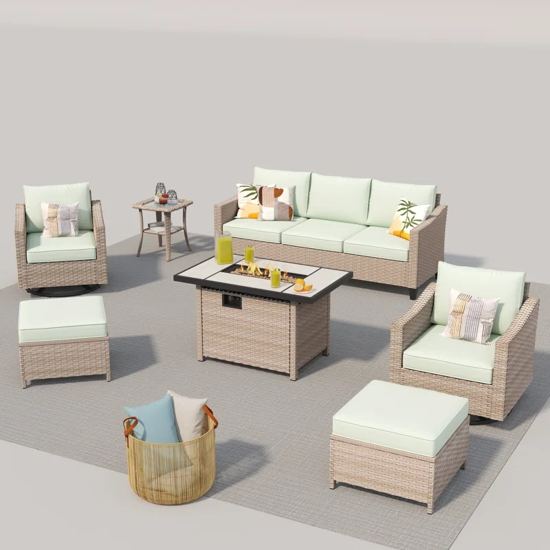 Quantrel 9 Piece Rattan Sofa Seating Group with Cushions & Firepit