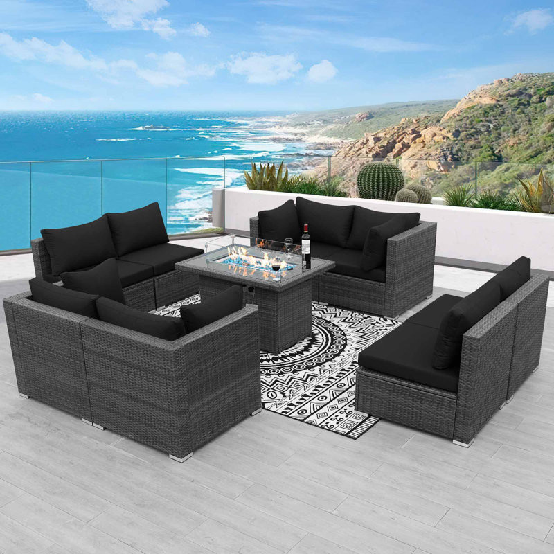 Patio Furniture Conversation Sofa Set with Firepit Table and Cushions