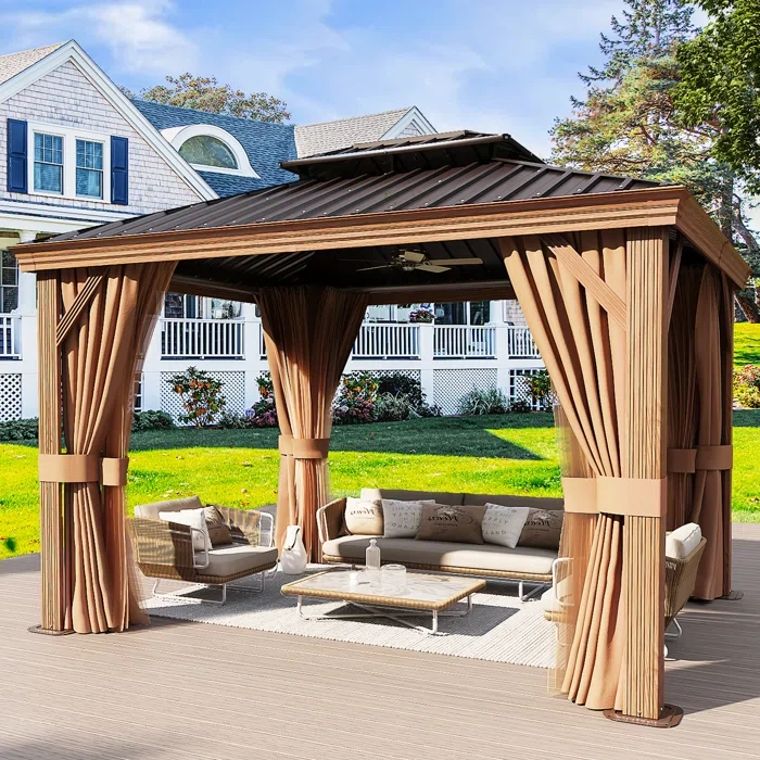 12Ft. W x 10Ft. D Outdoor Cedar Framed Gazebo with Steel Hardtop Permanent Wooden Finished Pavilion