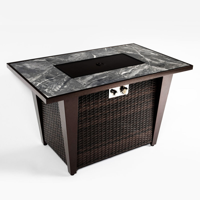 42Inch Rattan Fire Pit Table With Ceramic Tile Tabletop