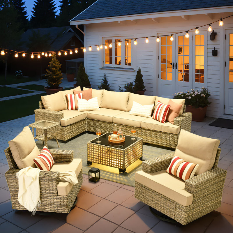 Outdoor Sofa 9-Piece Set With Coffee Table, Deep Size And Thick Cushion