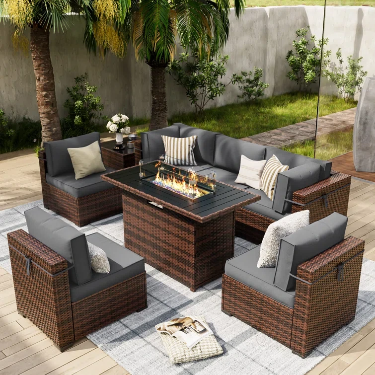 Romanas 8 Piece Patio Conversation Sets With Fire Pit Table