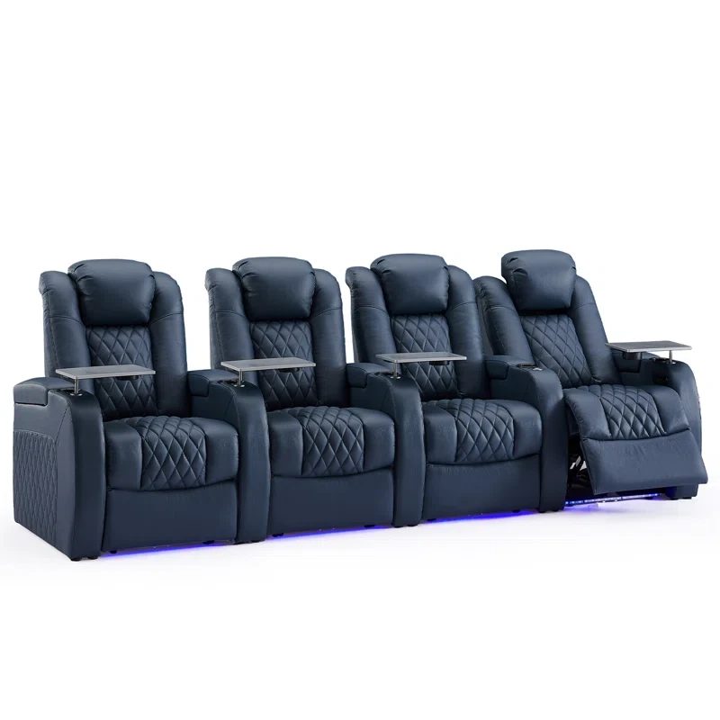 122" Wide Genuine Leather Home Theater Seating with Cup Holder (Set of 4)