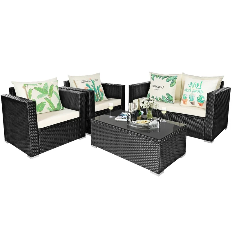 8pcs Rattan Patio Conversation Set Outdoor Furniture Set W/ Turquoise Cushions