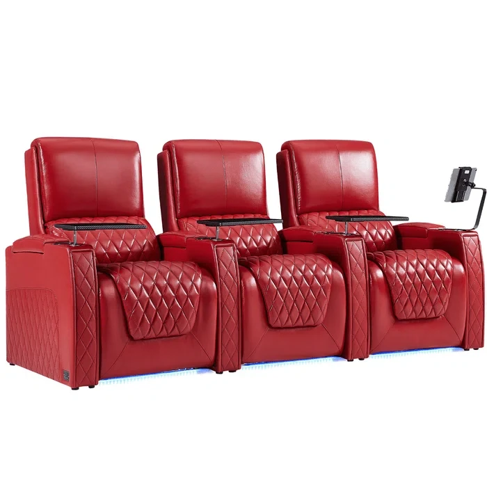 Leather Power Reclining Home Theater Seating with Cup Holder (Set of 3)