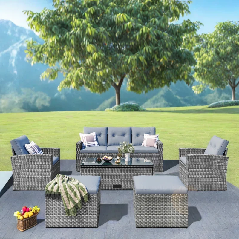 Breze 6-piece Outdoor Conversation Sectional Set with Coffee table, Wicker Sofas, Ottomans and Cushions