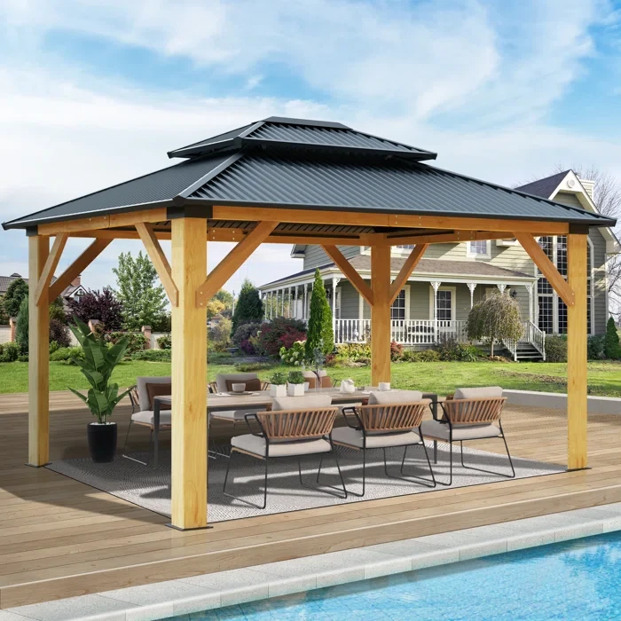 13 Ft. W x 11 Ft. D Outdoor Solid Wood Gazebo - Patio Galvanized Steel Hardtop Gazebo