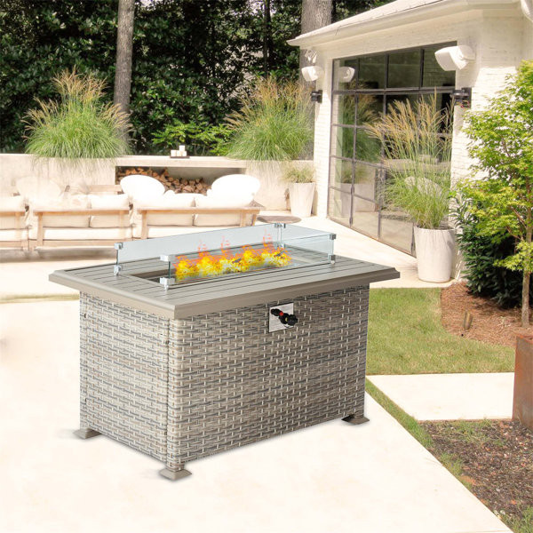 Daevaughn Outdoor Wicker Gas Fire Table, Patio Propane Gas Fire Pit W Aluminum Tabletop