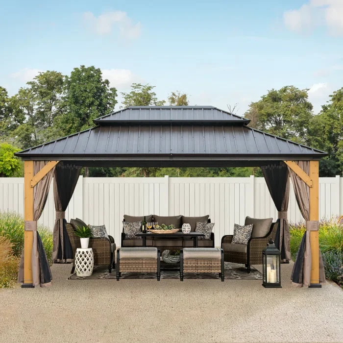 Solid Wood Post Patio Gazebo with Metal Frame 122.12" H x 190.16" W x 142.91" D