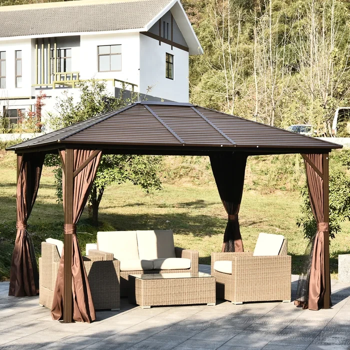 Outsunny 10' x 12' Hardtop Gazebo with Curtains and Netting, Permanent Pavilion Metal Single Roof Gazebo Canopy with Aluminum Frame and Hooks, for Garden, Patio, Backyard, Coffee Brown