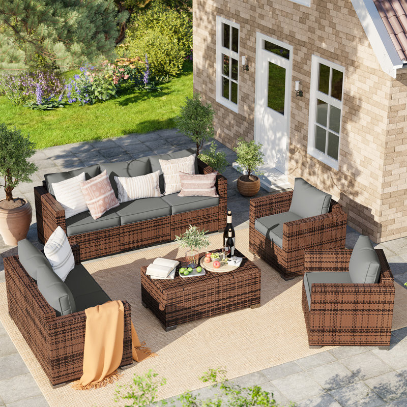 Azoriah 5 Piece Oversized Armrest Outdoor Sectional Furniture Rattan Sets w/Storage Table