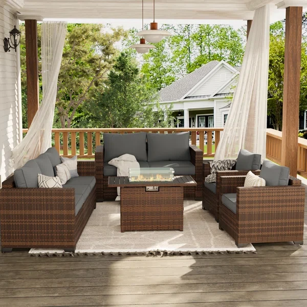 5-Pieces Wide Armrest Outdoor Sectional Rattan Conversation Set with Fire Fit Table.