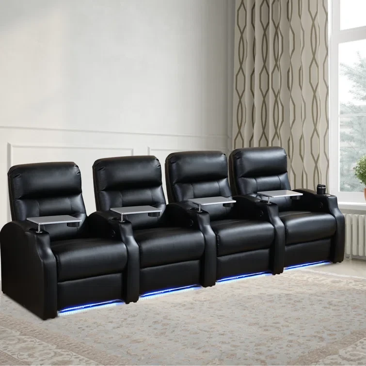 118" Wide Leather Home Theater Chair Recliner Chair with Cup Holder (Set of 4)