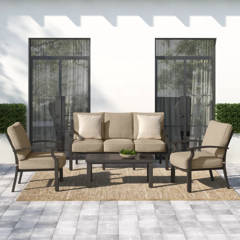 Amareya 4-Piece Patio Conversation Set, 43 X 21'' Rectangular Coffee Table & Cushions