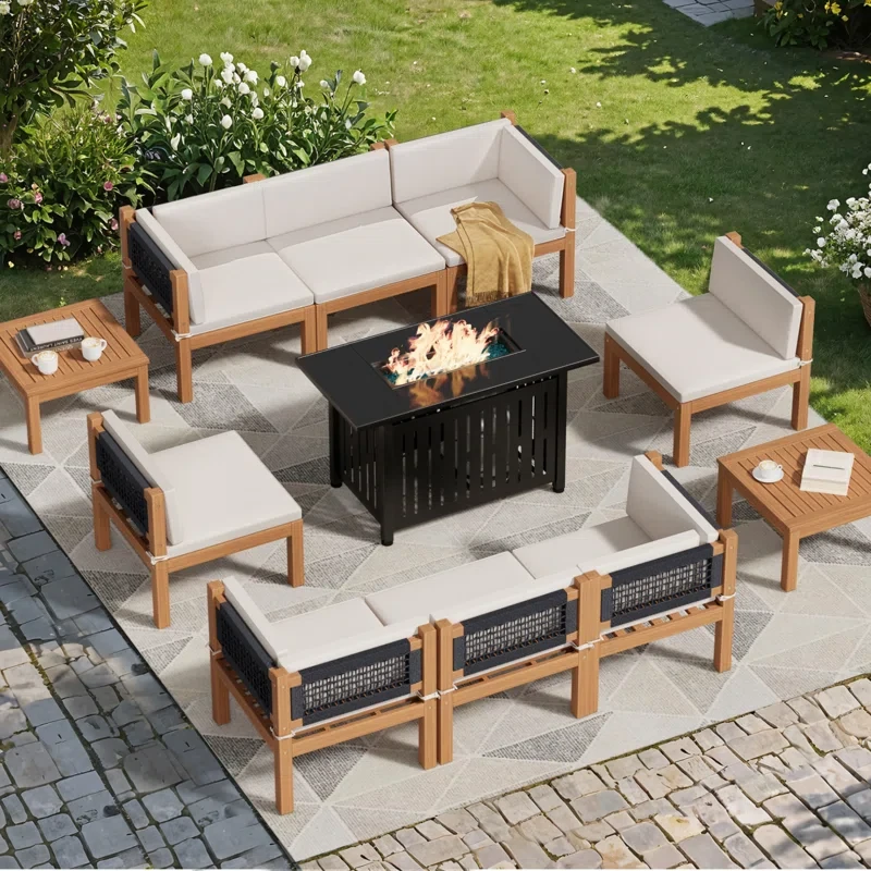 Patio Furniture outdoor acacia wood patio conversation sofa set with table, cushion, stove, porch furniture for deck, balcony, backyard