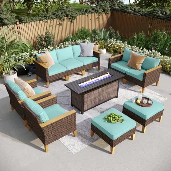 Argyri 9-Piece Wicker Outdoor Patio Conversation Furniture Sectional Set with Fire Pit Table