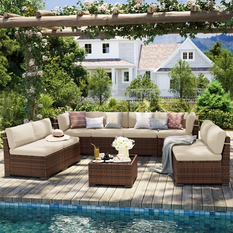 8 Person Rattan Sectional Seating Group With Cushions