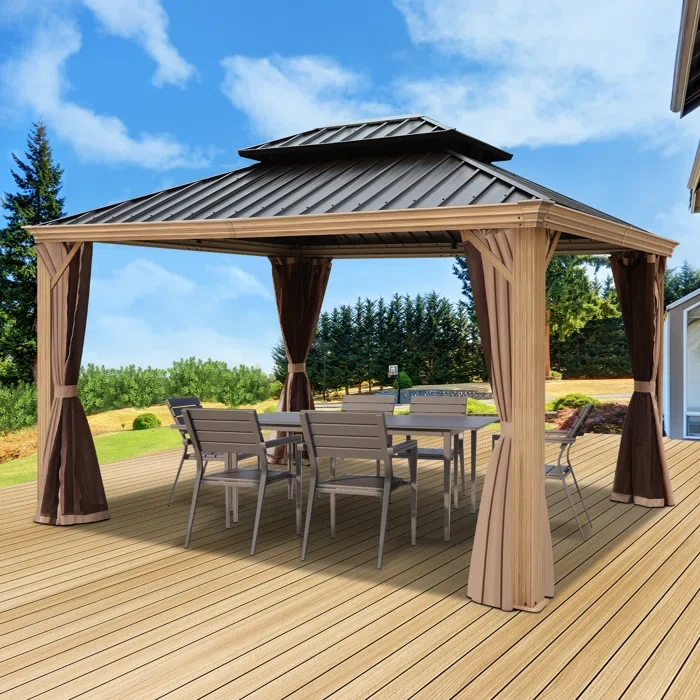 COVERONICS Outdoor Patio Hardtop Gazebo Aluminum Wooden Grain Frame with Drainage System 15.91 Ft. W x 11.98 Ft. D