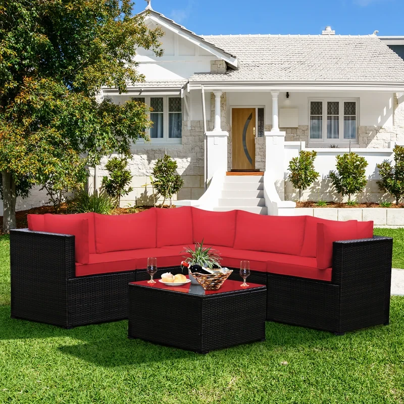 Patiojoy 6 Pcs Patio Rattan Furniture Set Outdoor Wicker Conversation Sofa Set W/tempered Glass Coffee Table Navy