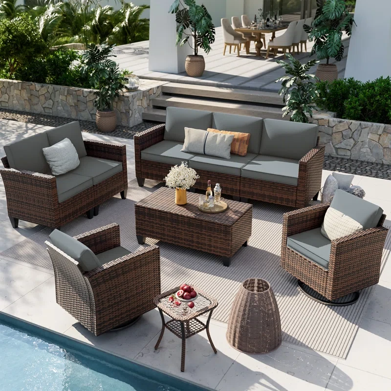 6 Piece Outdoor Wicker Sofa With Swivel Rocking Chairs