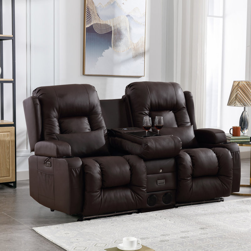 Faux Leather Power Reclining Home Theater Seating with Cup Holder