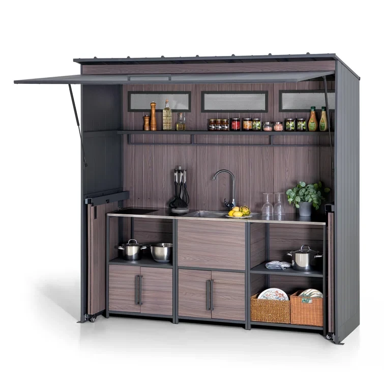 Sunjoy 7' x 3' wood grain Stylish Steel Outdoor Kitchen with Easy-Lift Gas Springs and Mesh