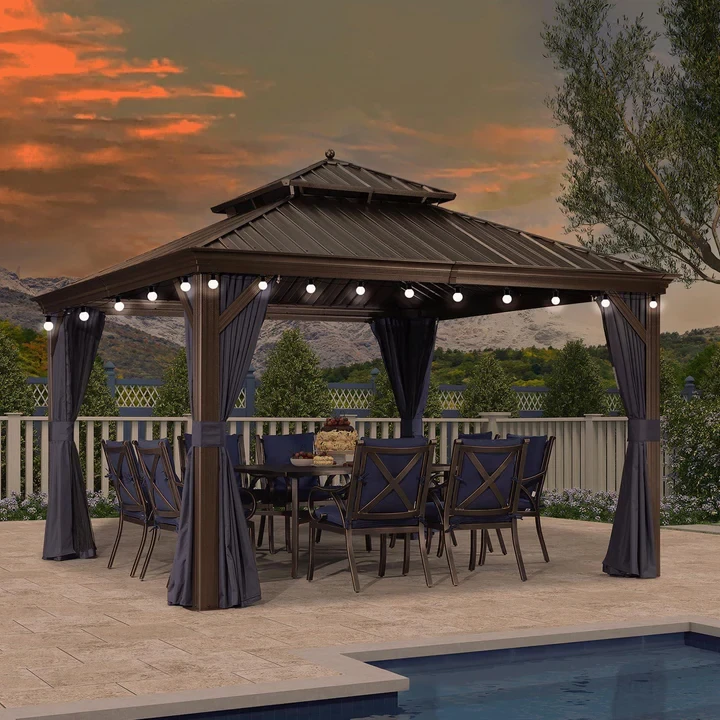 PURPLE LEAF Outdoor Hardtop Gazebo for Patio Bronze Aluminum Frame Pavilion with Navy-Blue Curtain and String Lights