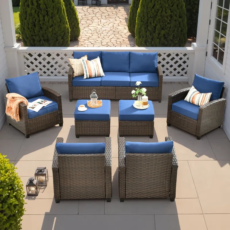 Patio Furniture Set With Firepit Table, 8 Pieces Outdoor Wicker Rattan Sofa Couch With 4 Chairs, Ottomans And Comfy Cushions, All Weather High Back Conversation Set Garden Backyard