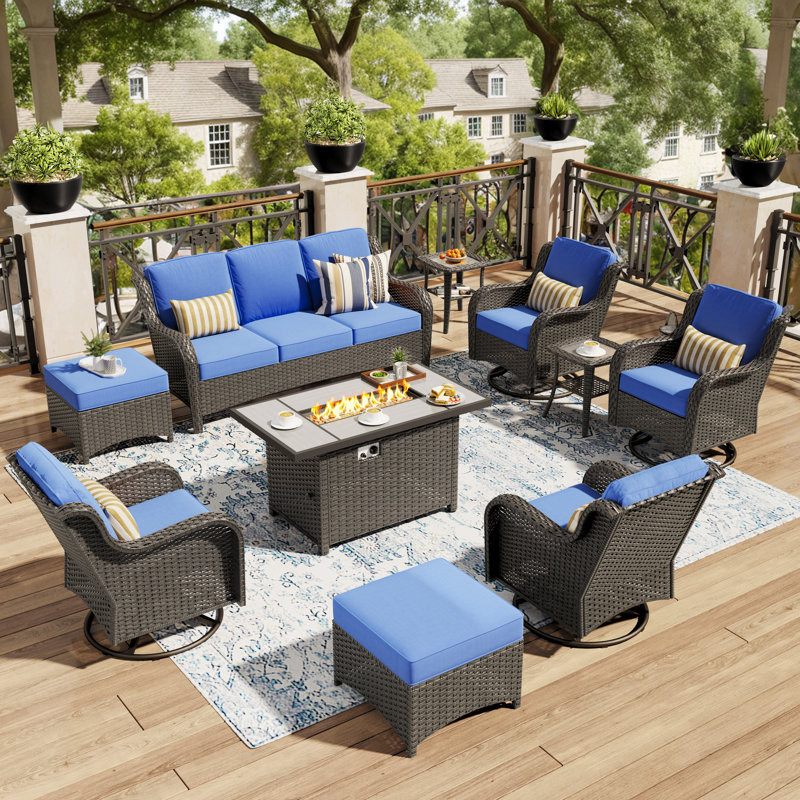 Outdoor Wicker 7 Person Seating Group With Cushions With A Fire Pit