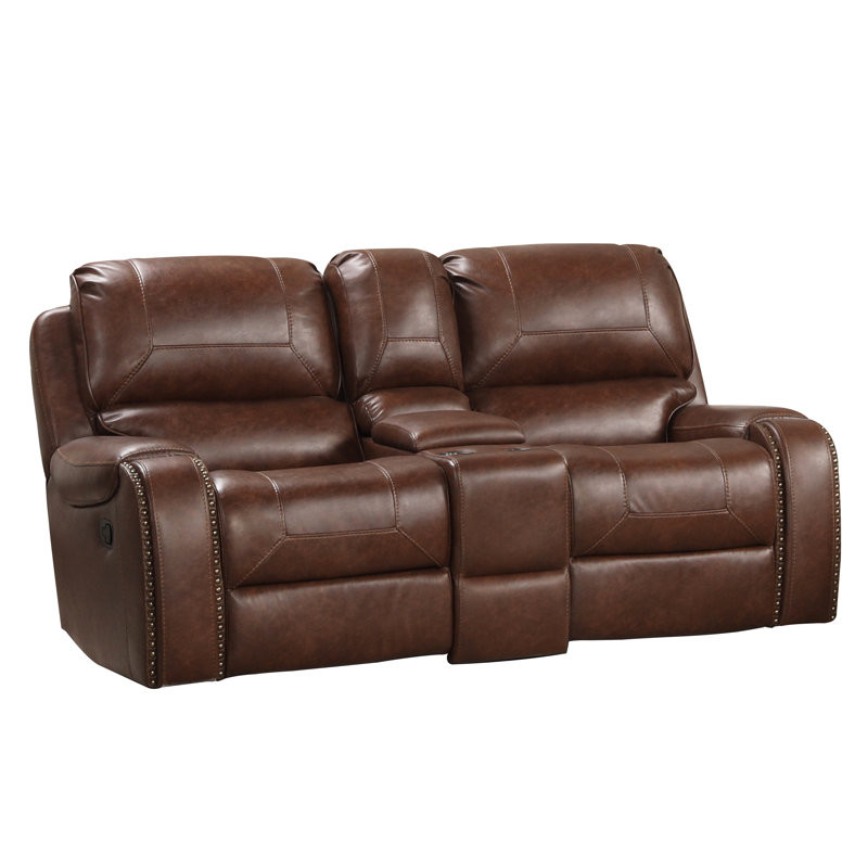 Brown Leather-air Nailhead Manual Reclining Sofa With Storage Console And Usb Port