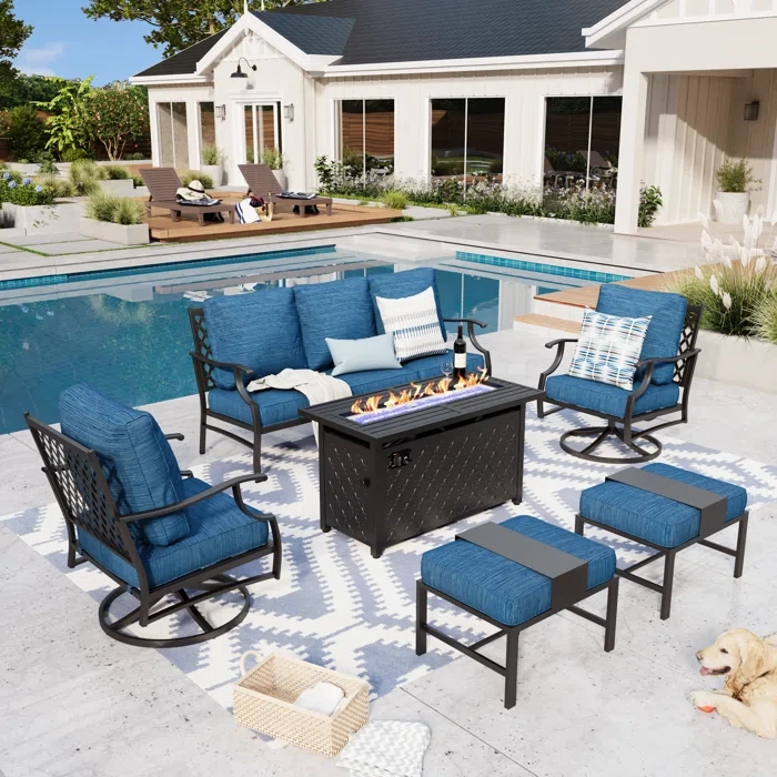 Asfand 7 - Person Outdoor Seating Group with Swivel Lounge Chairs& Firepit Table