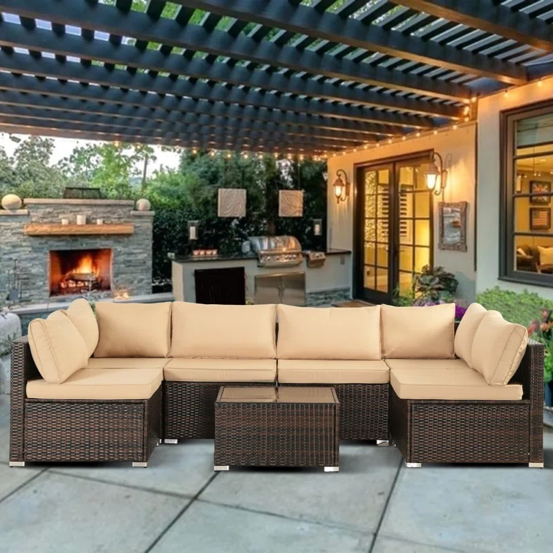 Floinn 7 Pieces Patio Outdoor Modular Sectional Couch Furniture Wicker Rattan Conversation Sofa Sets with Coffee Table