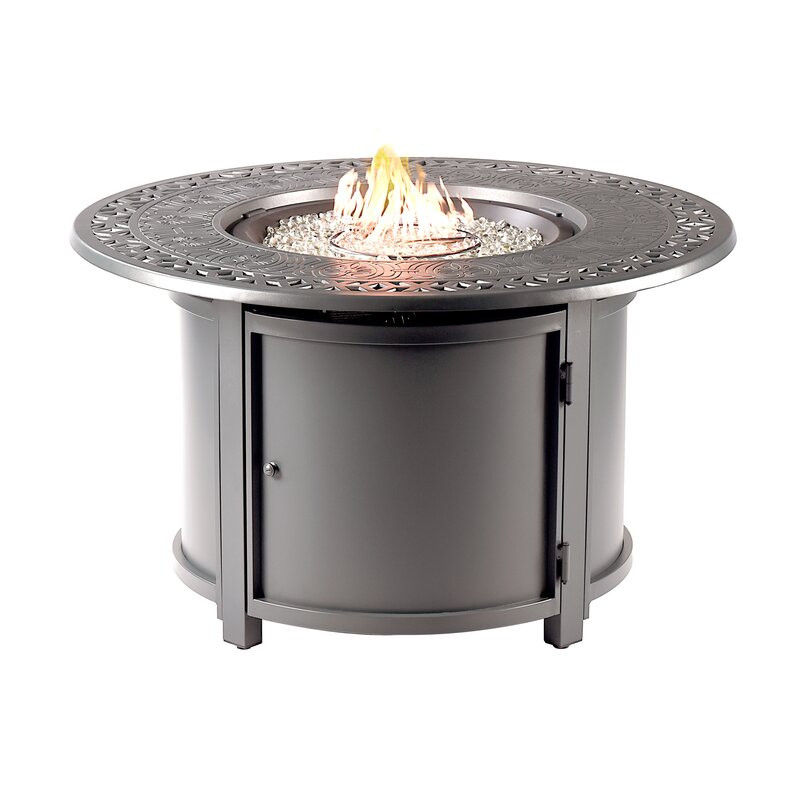 Heredia Round 44 In. X 44 In. Aluminum Propane Fire Pit Table With Glass Beads, Two Covers, Lid, 55,000 Btus In Grey Finish