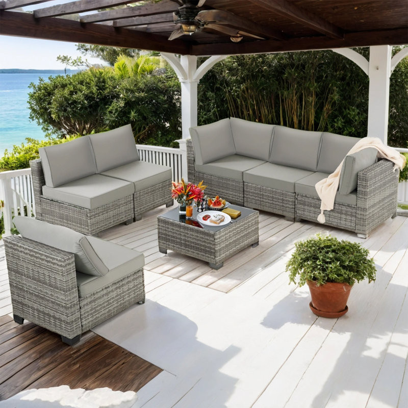 7-Piece Modular Outdoor Sectional Wicker Patio Conversation Set w/ Cushions, Coffee Table(Gray)