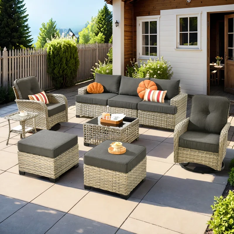 Tommy Outdoor Wicker 5 Person Seating Group With Cushions And Ottomans