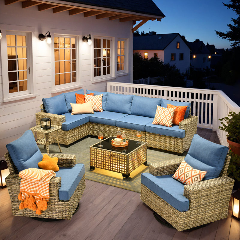 Outdoor Sofa 9-Piece Set With Coffee Table, Deep Size And Thick Cushion