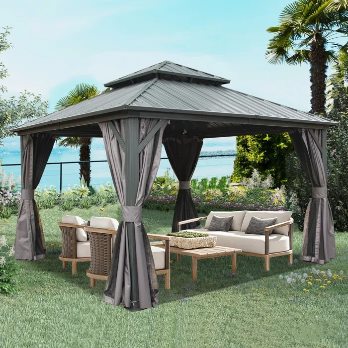 12 Ft. D X 12 Ft. W Galvanized Steel Patio Gazebo with Overhang Slope-design Double Roof