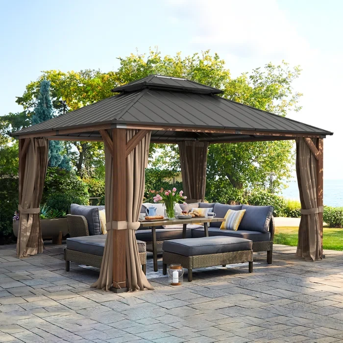 Perr Hardtop Gazebo with Privacy Curtain and Mosquito Netting 14 Ft. W x 12 Ft. D