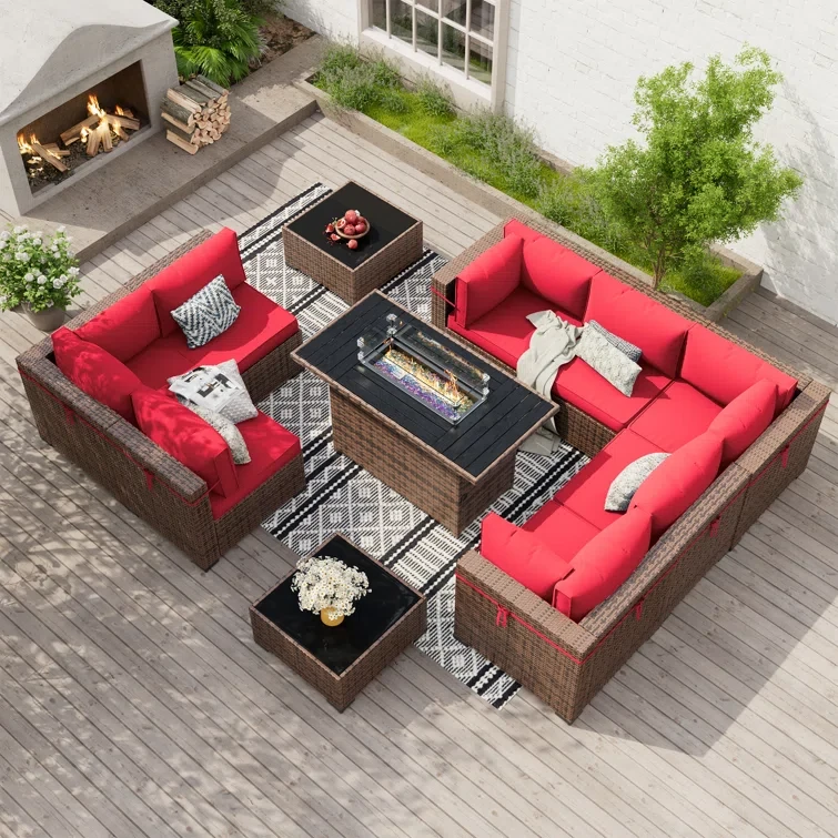 Mecayla 8-Person Rattan Wicker Set with Fire Pit Table