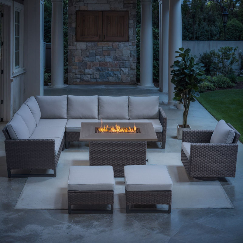 Hansencamp 8 - Person Outdoor Sectional Seating Group With Fire Pit With Swivel Glide Chair And Cushions