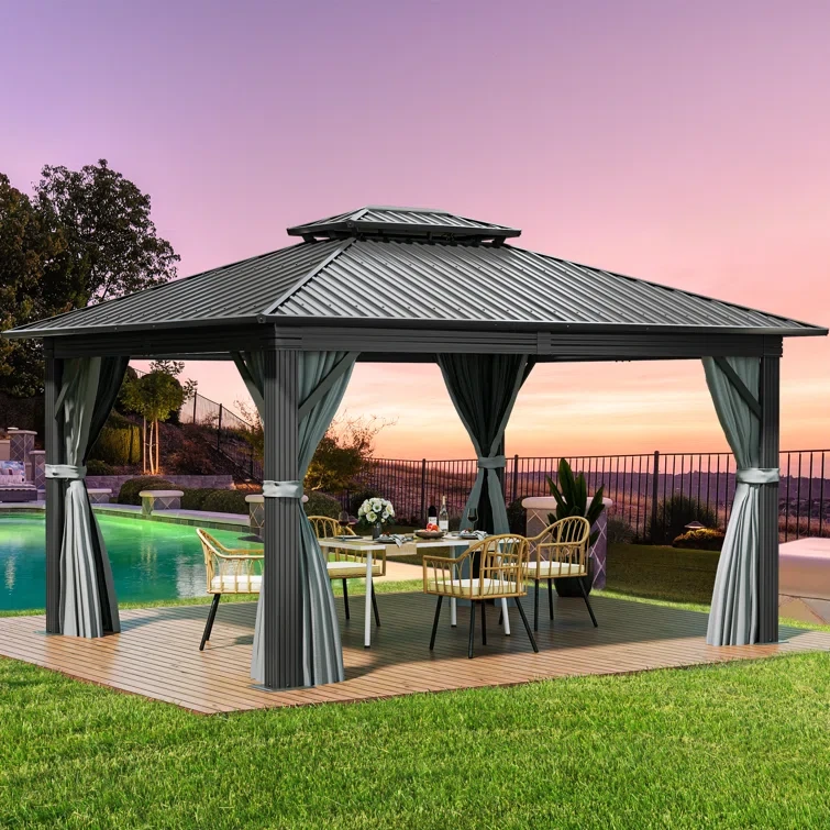 Outdoor Aluminum Hardtop Patio Gazebo with Curtain and Netting