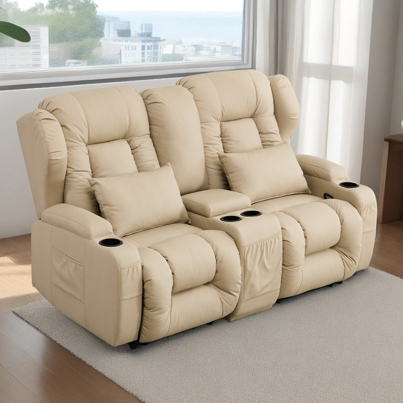 Iyed Faux Leather Home Theater Seating with Cup Holder