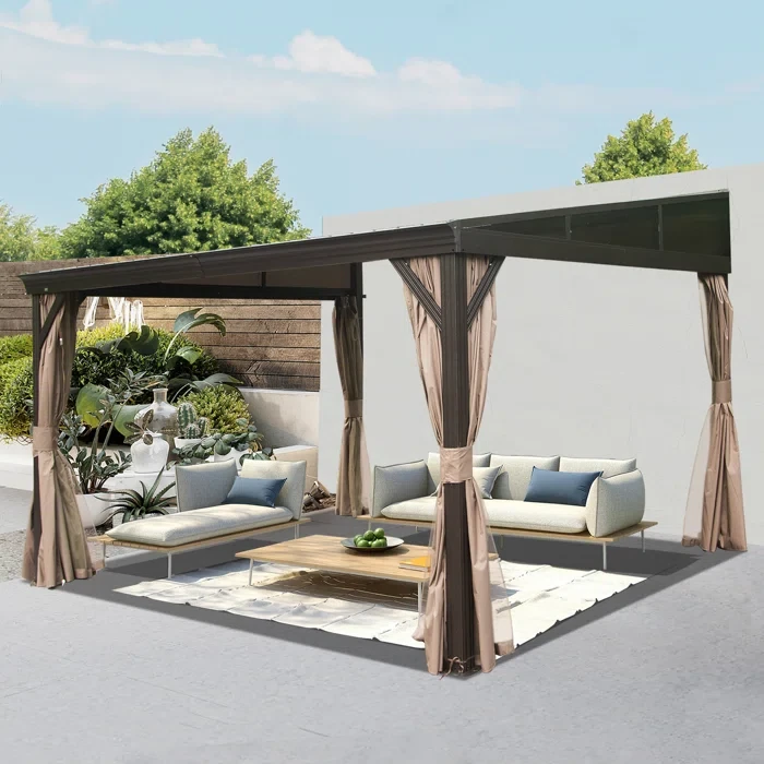 Aluminum Patio Gazebo Lean to Wall Mounted Pergola with Sloping Galvanized Steel Roof 14' W x 12' D