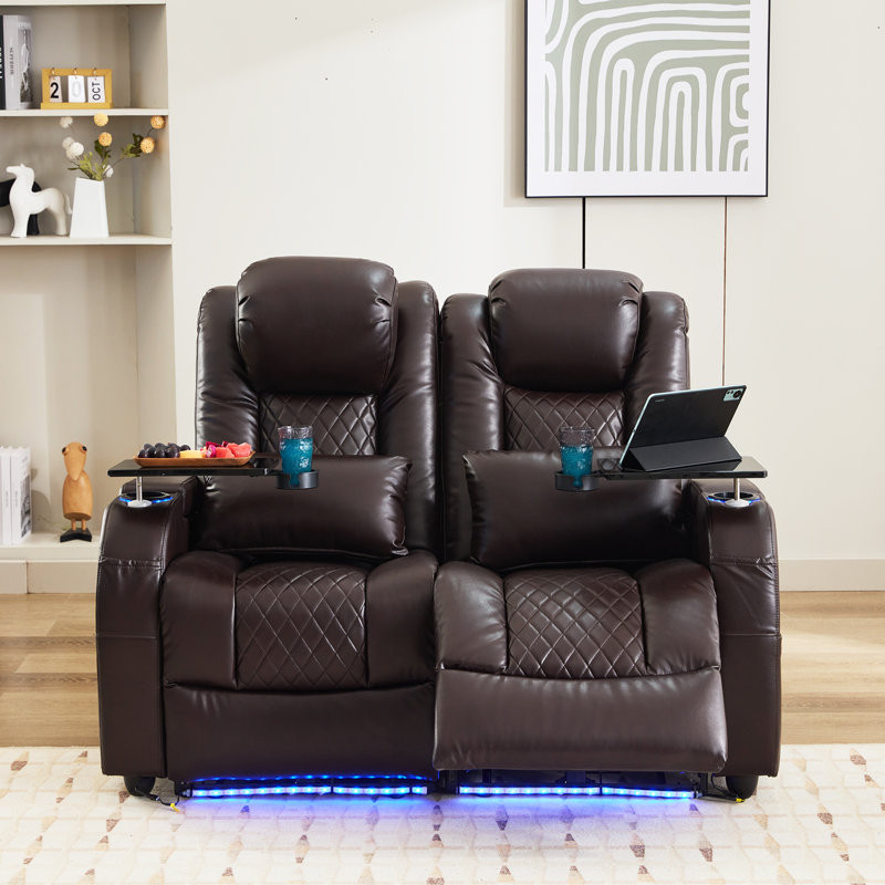 Home Theater Seating Seats, Game Movie Theater Chairs Theater Recliner Sofa With 7 Colors Ambient Lighting, Lumbar Pillow, Side Pocket, Tray Table, Power Recliner